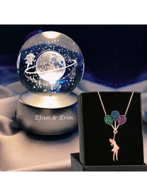 PremiumPort Kişiye Özel Satürn Işıklı Cam Küre ve Uçan Balonlu Kız Kolye