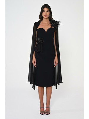 ALFABETA Kadın Dar Midi Boy Saten Günlük Siyah Abiye & Mezuniyet Elbisesi AB6718-SİYAH