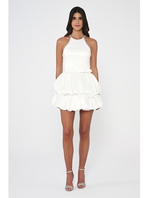 ALFABETA Kadın Mini Boy Desenli Günlük Kullanım Beyaz Abiye & Mezuniyet Elbisesi AB6713-BEYAZ