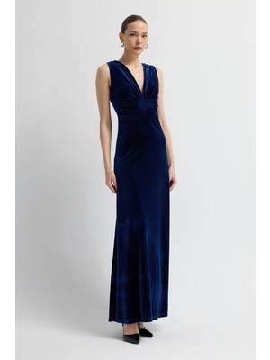 Adl V Yaka Uzun Kadife Elbise Lacivert 12444483001