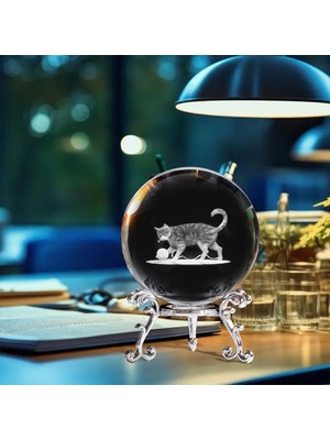 PremiumPort Şık Metal Ayaklı Kedi Tasarımlı 3D Cam Küre 6cm Dekoratif Parça