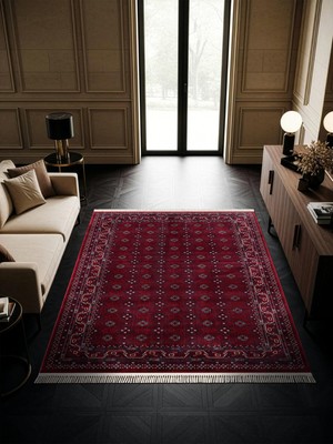 Cotto Home Fesane FN006J Bordo Renk Pamuk Taban Afgan Desenli Salon Oturma Odası Halısı