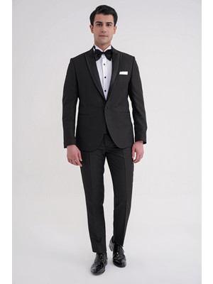 Efor Slim Fit Çift Yıtmaç Fleto Cep Doku Desenli Çıkarılabilir Saten Yaka Siyah Damatlık Smokin Takım Black 083 Ef