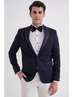 Efor Black 035 Slim Fit Saten Yaka Çift Yırtmaçlı Tek Düğmeli Lacivert Damatlık Smokin Ceket