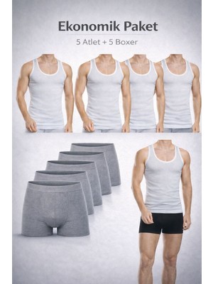 Qulat Erkek Atlet Boxer Seti 10’lu Ekonomik Paket – 5 Atlet + 5 Boxer Pamuklu Iç Giyim