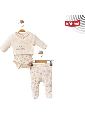 Myroka Baskılı Müslin Ceketli 3'lü Zıbın Takım Krem