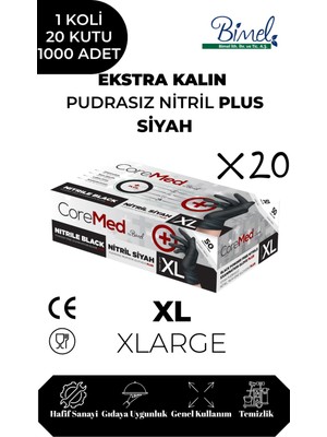 CoreMed Ekstra Kalın Nitril Siyah Plus Muayene Eldiveni XL - 1 Koli 20 Paket 50'li