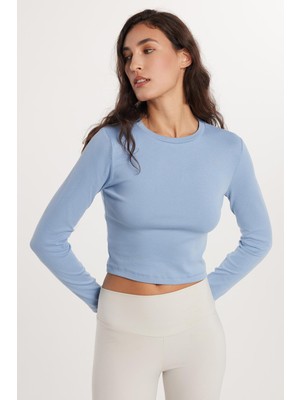 Tudors Kadın Slim Fit Dar Kesim Bisiklet Yaka Mavi Bluz