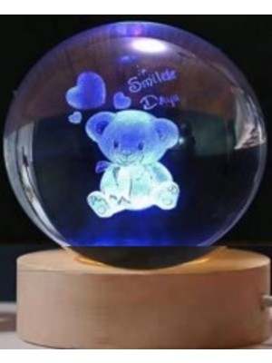 PremiumPort Sevimli Ayıcık Temalı Ahşap ve Cam Işıklı Dekoratif Küre, 6cm Cam, 2cm Ahşap