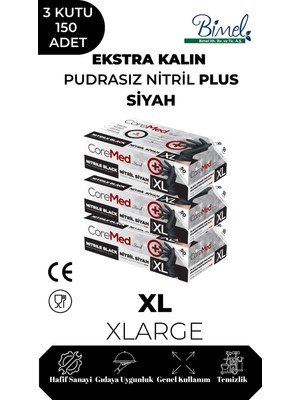 CoreMed Ekstra Kalın Nitril Siyah Plus Muayene Eldiveni XL - 3 Paket 50'li