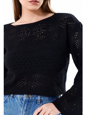Yuga Knitting Kadın Triko Örme Ajurlu Delikli Kayık Yaka Kazak Baklava Desenli Bluz