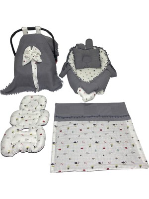 Happy Baby Dikiş Atölyesi 5 Parça Müslin Waffle Babynest Seti Taşınabilir Bebek Yatağı Pike Yastık Puset Takımı Örtüsü Minderi