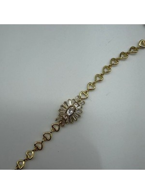 Mare Accessories Kalp Zincir Detaylı Taşlı Gold Çelik Bileklik