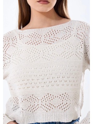 Yuga Knitting Kadın Triko Örme Ajurlu Delikli Kayık Yaka Kazak Baklava Desenli Bluz