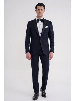 Efor Slim Fit Fleto Cep Çıkarılabilir Saten Yaka Düz Lacivert Damatlık Smokin Takım Altro 032