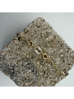 Mare Accessories Oval Taş Detaylı Gold Çelik Zincir Bileklik