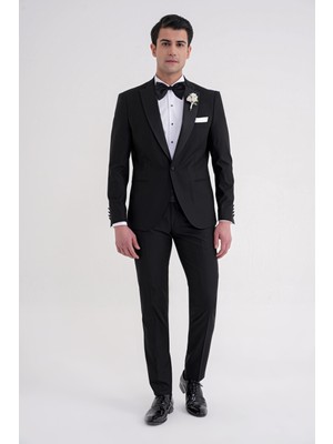 Efor Slim Fit Fleto Cep Çıkarılabilir Saten Yaka Düz Siyah Damatlık Smokin Takım Altro 032