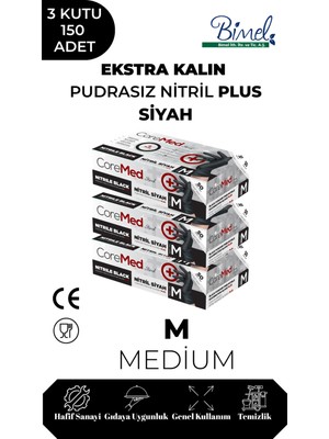 CoreMed Ekstra Kalın Nitril Siyah Plus Muayene Eldiveni M - 3 Paket 50'li