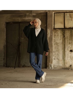 Yuga Knitting Oversize Balon Kollu Örgü Desenli Triko Kadın Hırka