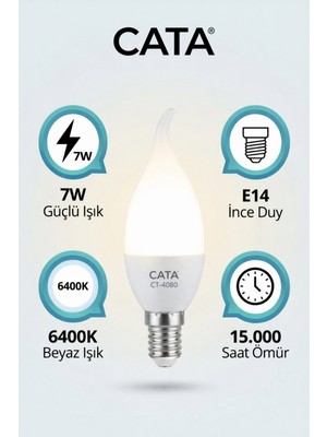 Cata CT-4080 LED Buji Ampul E14 7W 6400K Beyaz Işık 680 Lümen (Kıvrık Uçlu) (Ince Duy)