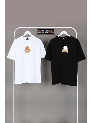 Risil-Nu Company Yeni Sezon Unisex Siyah-Beyaz Oversize Çift Kombinleri 2'li T-Shirt