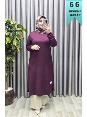 Elmas Tesettür Kadın Giyim Büyük Beden Yırtmaçlı Kolu Lastikli Spor Tek Renk Tunik