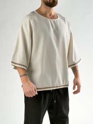 Cocopelli Kol Desenli Fakir Kol Oversize Bej Erkek T-Shirt COC2811