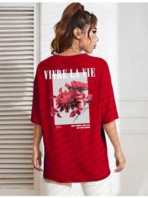 Risil-Nu Company Yeni Sezon Oversize "vivre La Vie" Baskılı Pamuklu Penye Kumaş Kırmızı Tişört