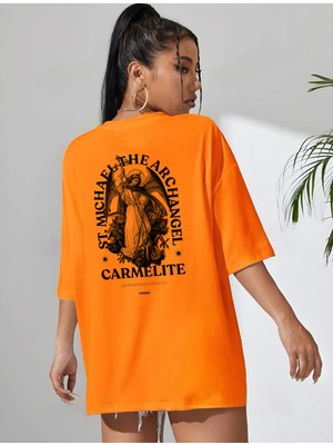 Risil-Nu Company Yeni Sezon Oversize Carlemlıte Baskılı Pamuklu Penye Kumaş Turuncu Tişört