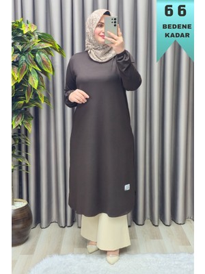 Elmas Tesettür Kadın Giyim Büyük Beden Yırtmaçlı Kolu Lastikli Spor Tek Renk Tunik