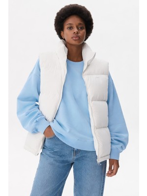 Lacoste Filled Quilted Womens Vest Dolgulu Kapitone Dik Yaka Kadın Yelek Beyaz