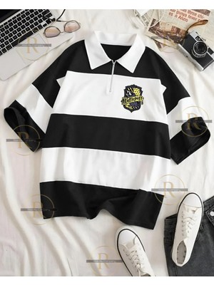 Risil-Nu Company Erkek ve Kadın Yarım Fermuarlı Polo Yaka Oversize T-Shirt - Harry Potter Evleri Tasarımlı