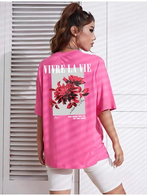Risil-Nu Company Yeni Sezon Oversize "vivre La Vie" Baskılı Pamuklu Penye Kumaş Pembe Tişört