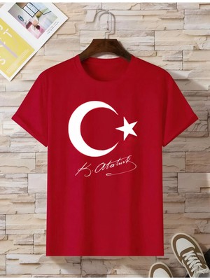 Risil-Nu Company Yeni Sezon Oversize Ayyıldız Türk Bayrağı Atatürk Imzalı Baskılı Pamuklu Penye Kumaş Kırmızı Tişört