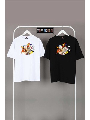 Risil-Nu Company Yeni Sezon Unisex Siyah-Beyaz Oversize Çift Kombinleri 2'li T-Shirt