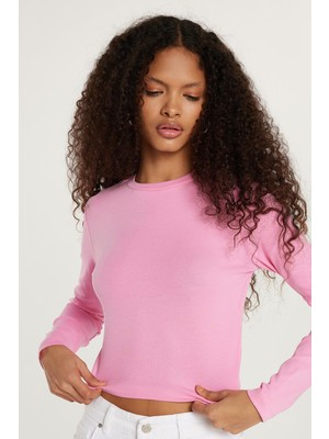 Tudors Kadın Slim Fit Dar Kesim Bisiklet Yaka Pembe Bluz