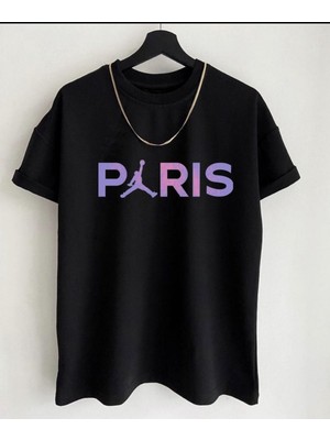 Risil-Nu Company Unısex Renkli Paris Yazılı Dijital Baskılı Siyah Oversize T-Shirt