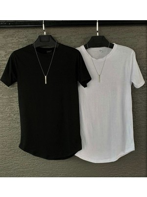Risil-Nu Company Yeni Sezon Unisex Siyah-Beyaz Slim Fit Bisiklet Yaka 2'li Oval Kesimli Tişört