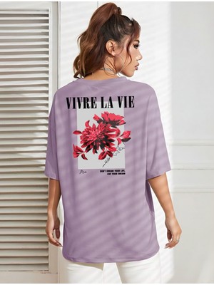 Risil-Nu Company Yeni Sezon Oversize "vivre La Vie" Baskılı Pamuklu Penye Kumaş Lila Tişört