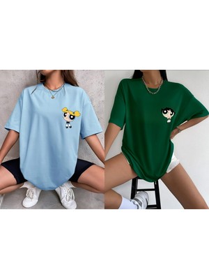 Risil-Nu Company Yeni Sezon Penye Rahat Kesim Buttercup ve Bubbles Baskılı 2'li  Oversize T-Shirt