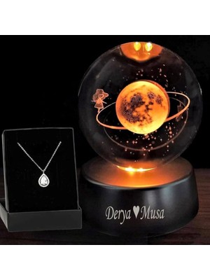 PremiumPort Kişiye Özel LED Işıklı Satürn Kız Küre Dolunay ve Damla Kolye