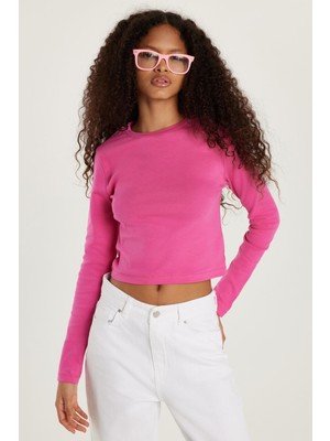 Tudors Kadın Slim Fit Pamuklu Uzun Kol Düz Bisiklet Yaka Fuşya Bluz