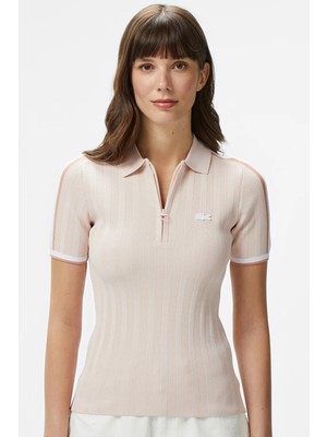 Lacoste Slim Fit Kısa Kollu Yarım Fermuarlı Polo Yaka Full Likralı Triko Tişört Pudra Pembe