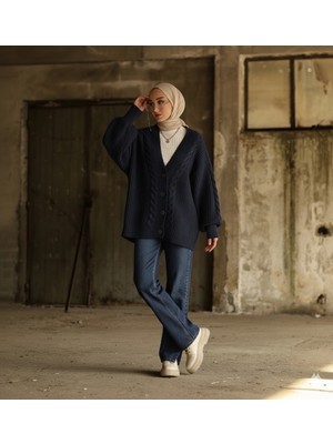 Yuga Knitting Oversize Balon Kollu Örgü Desenli Triko Kadın Hırka