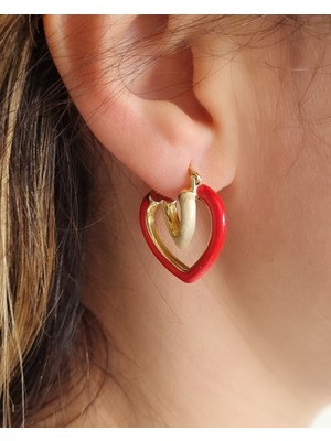 MoM's Collection Two Hearts Kırmızı Renkli 925 Ayar Gümüş Uçlu Küpe