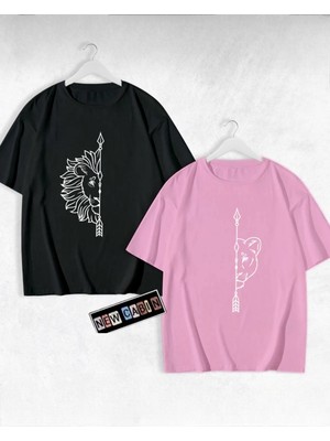Risil-Nu Company Yeni Sezon Oversize Pamuklu A Kalite Sevgili Çift Kombinleri Aslan Kaplan Tasarım 2 Li Ürün T-Shirt