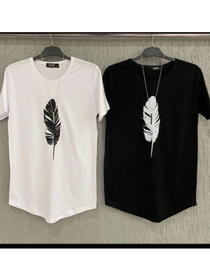 Risil-Nu Company Unisex Siyah-Beyaz Çift Kombini Yaprak Baskılı Oval Kesimli Tshirt