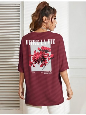 Risil-Nu Company Yeni Sezon Oversize "vivre La Vie" Baskılı Pamuklu Penye Kumaş Bordo Tişört