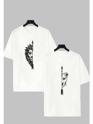 Risil-Nu Company Yeni Sezon Dişi Aslan ve Erkek Aslan Baskılı Sevgili Kombini Oversize T-Shirt 2'li