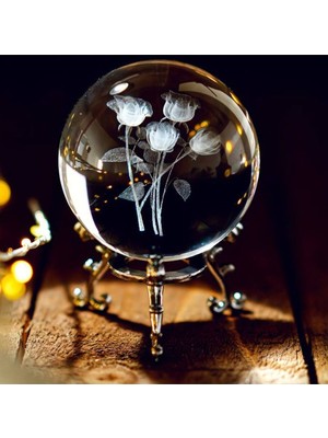 PremiumPort Büyük Boy Metal Ayaklı Gül Demeti 3D Cam Küre 8cm, Şık Dekorasyon Parçası